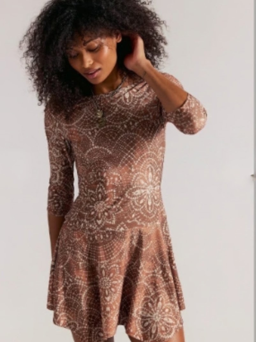 Free People NWT Relish Mini Dress Brown Combo Boho Lace Mandala Pattern Knit -M